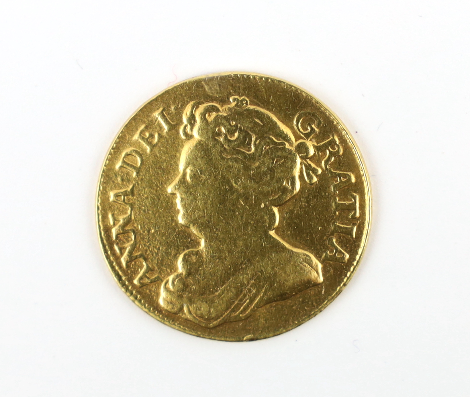 British Gold coins, Anne guinea, 1708, second bust, plugged, otherwise VG or better (S3572)